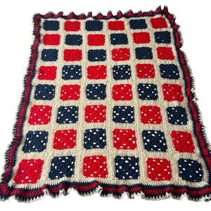 Handmade Crochet Knit Red White Blue Square Throw Blanket 36" x 45" Patriotic